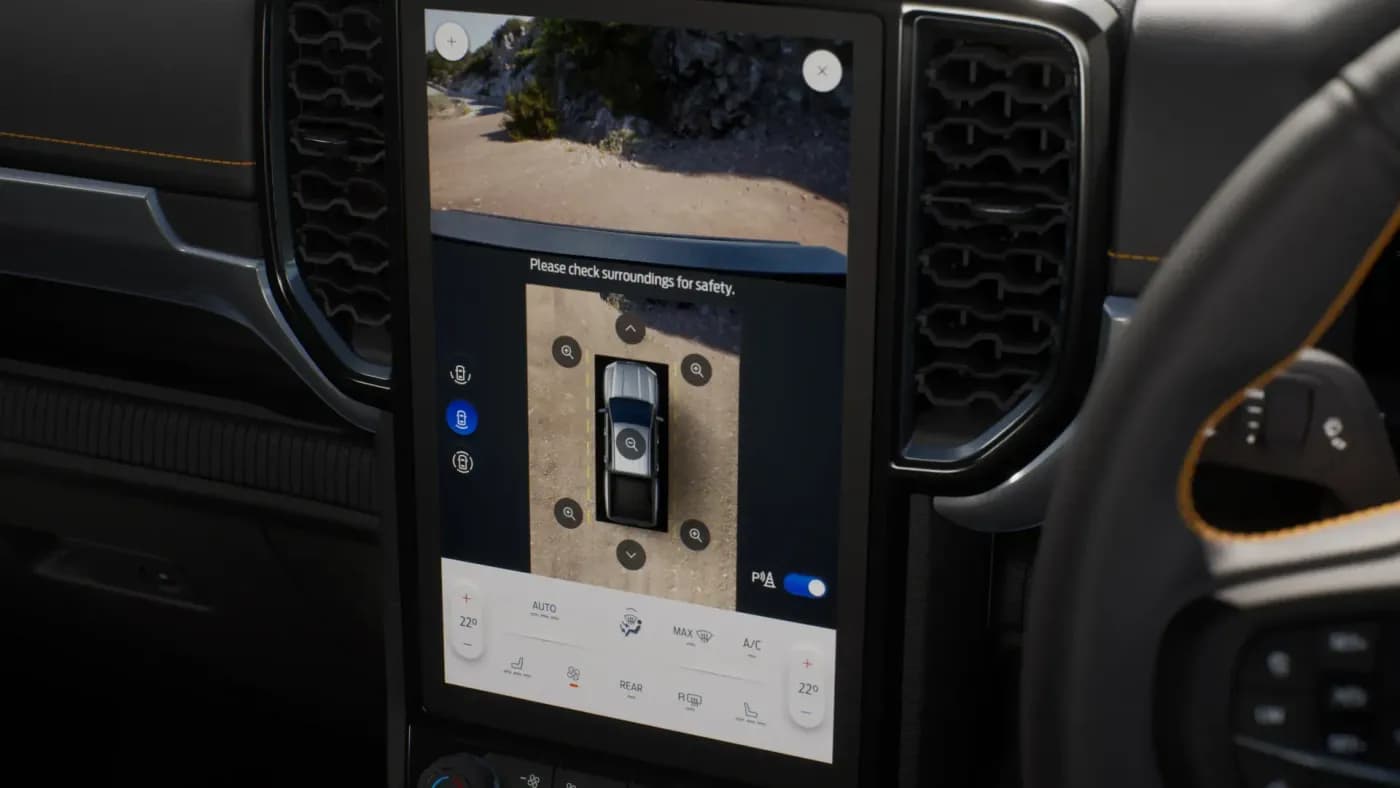 Ford Ranger 360-degree camera display — visibility and off-road camera highlight